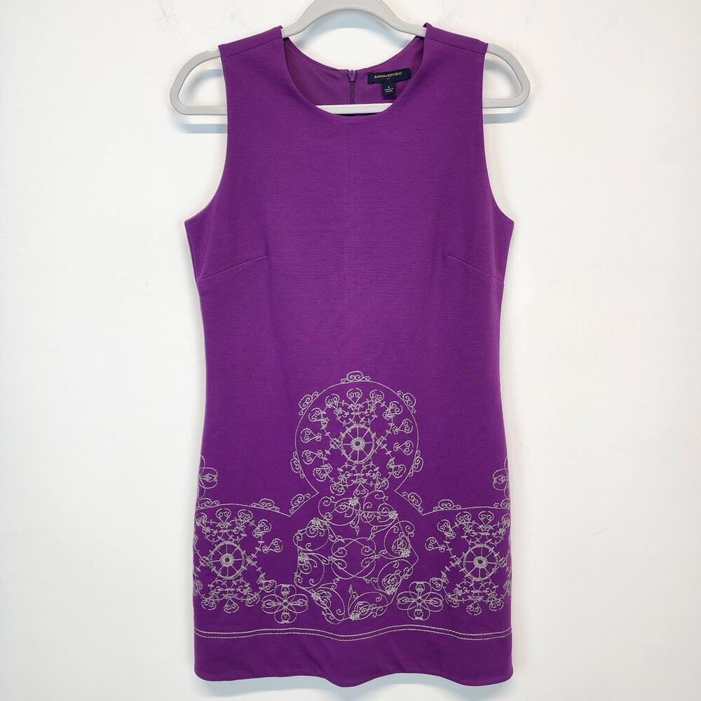 Banana Republic Ponte Knit Embroidered Dress Size 8 Purple Sleeveless Office